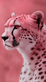 Side profile of spotted wild cat in monochrome pink tone.