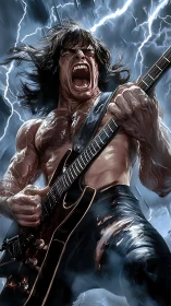 Shirtless electric guitarist framed by lightning bolts storm.
