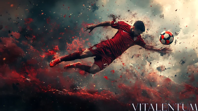 Soaring soccer hero captured in a fiery, sky-high moment.