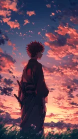 Samurai dreamer standing gently beneath a glowing sunset sky.