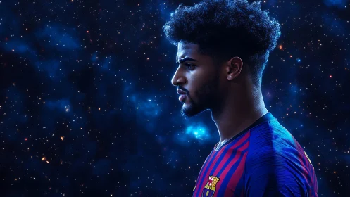 Focused soccer player profile against luminous starfield