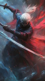 White haired swordsman lunges through swirling blue and red