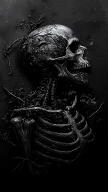 Eroded skeletal figure rendered in high-contrast monochrome
