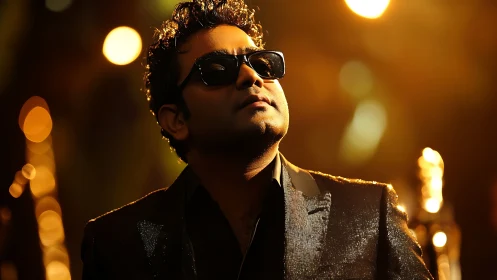 Singer in shimmering suit under golden stage lights.