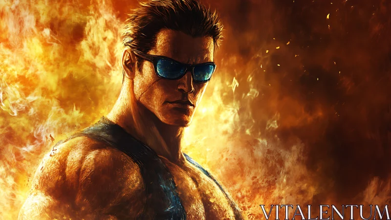 Muscular hero in blue shades framed by roaring firestorm.