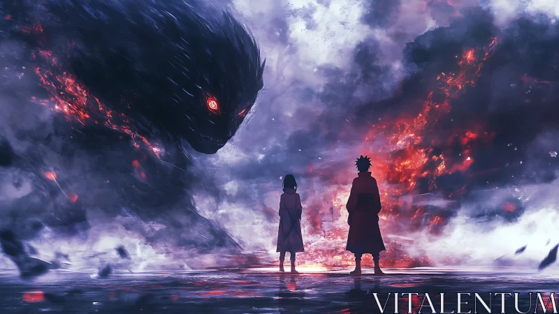 Biped silhouettes confront colossal ember-lit shadow entity across void