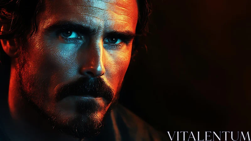 Cinematic male portrait uses dual-tone rim lighting and contrast