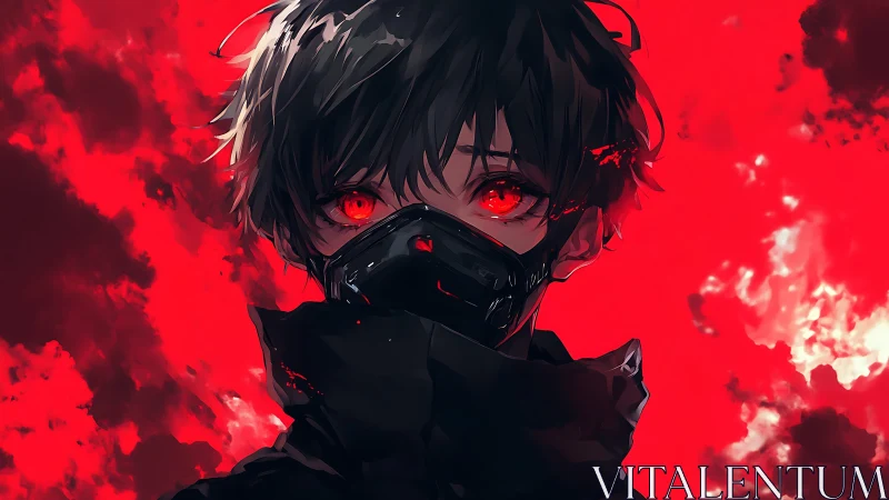 Red-eyed masked antihero in high-contrast crimson storm field