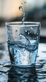 Splashing water in glass captured in sharp macro detail.