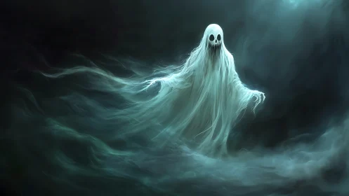 Gentle ghost drifting through a misty moonlit dreamscape.