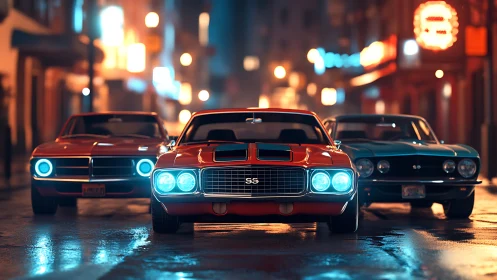 Muscle cars align under neon city lights in cinematic rain.