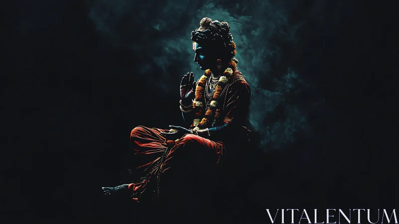 Mystic blue deity meditates in swirling ethereal shadows