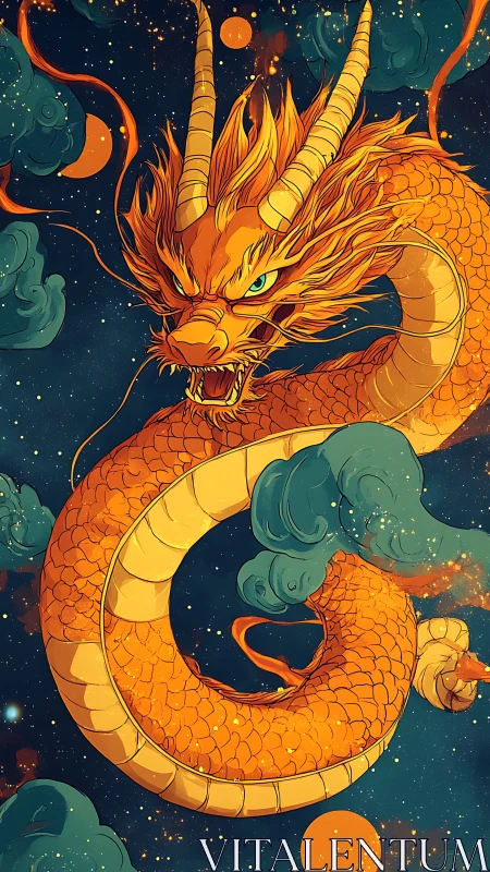 Coiled celestial dragon with glowing scales and stylized nebular backdrop