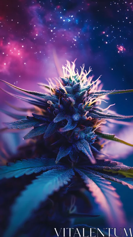 Luminous cannabis bud glows under a dreamy cosmic night sky