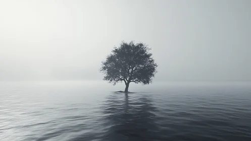 Solitary tree rising through mist over glasslike water.