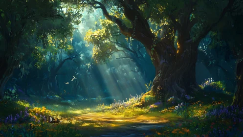 Enchanted Forest Glade Where Sunlight Dances Through Ancient Trees