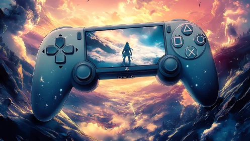 Skybound gamepad gateway floating above dreamlike horizons.