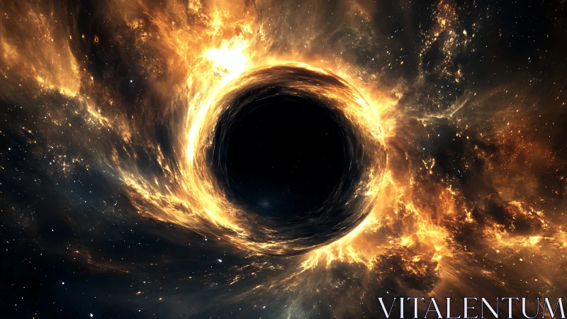 Fiery cosmic black hole swirls with glowing golden starlight