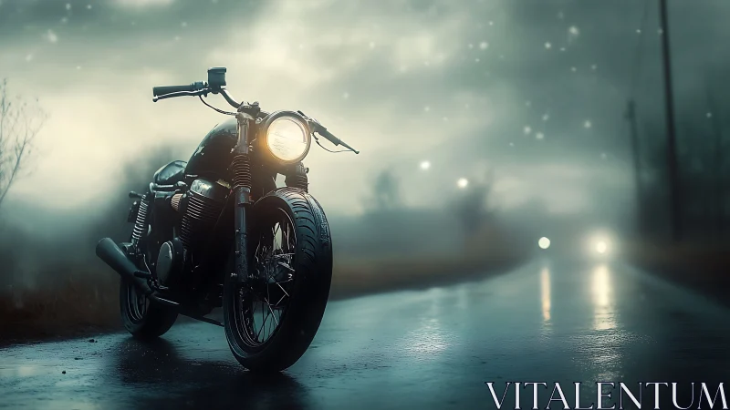 Vintage motorcycle stands on wet night road under misty sky
