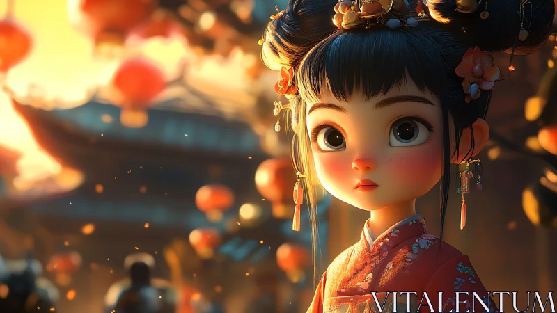 Lantern-lit festival girl gazes softly into golden evening