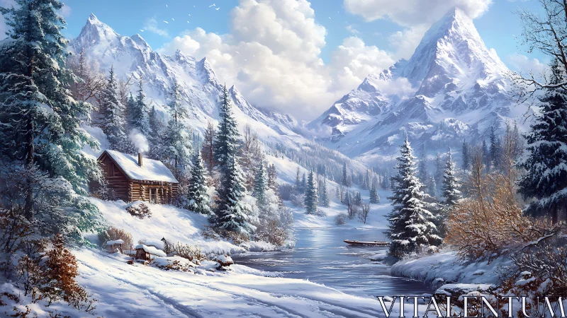 Snowy mountain cabin rests beside a tranquil winter river.