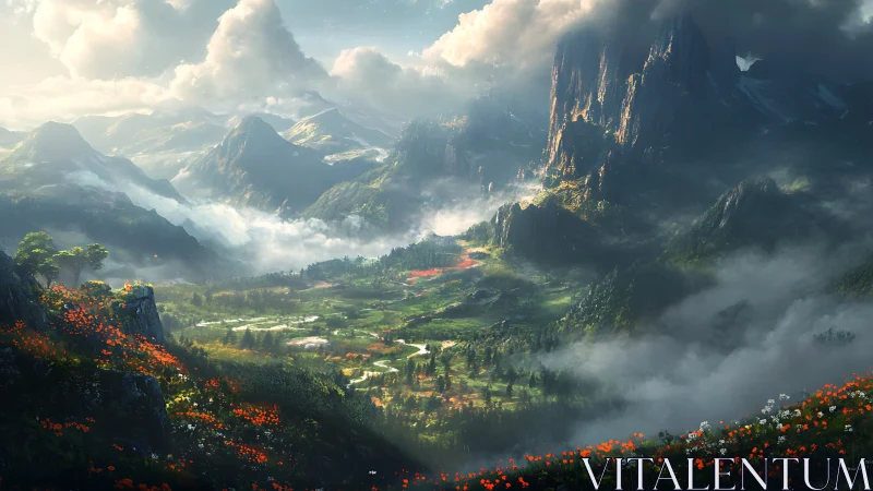 Vast alpine valley rendered with volumetric fog and dynamic lighting