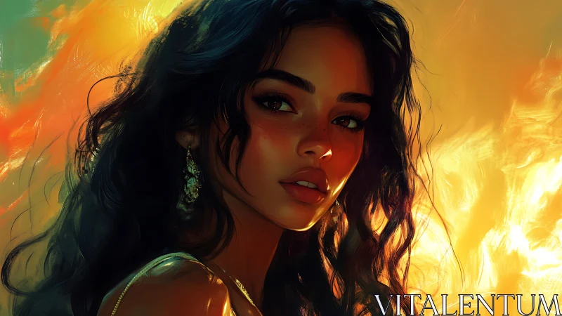 Woman with Dark Hair Illuminated by Golden and Green Light