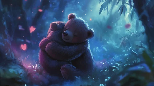 Digital bear couple hug under glowing enchanted forest night.