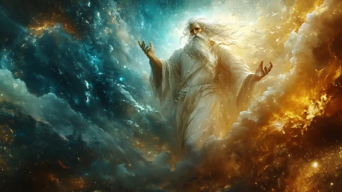 Celestial elder walking through clouds of light and shadow.