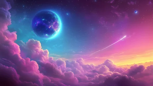 Planetary body over stratified clouds under gradient sky