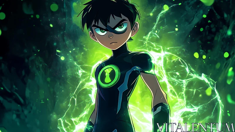Young male hero with glowing green emblem and energy field.