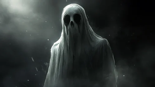 Spectral hooded figure rendered with volumetric fog and high contrast