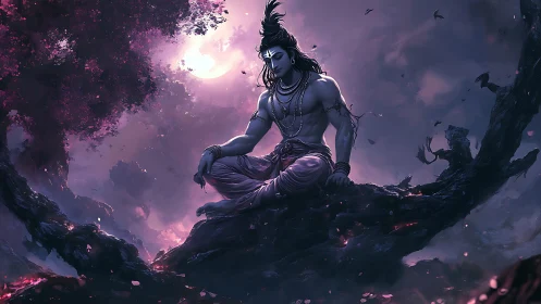 Divine moonlit ascetic on tree bough in mystical digital painting.