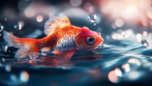Hyperreal goldfish with bokeh-lit surface ripples in motion