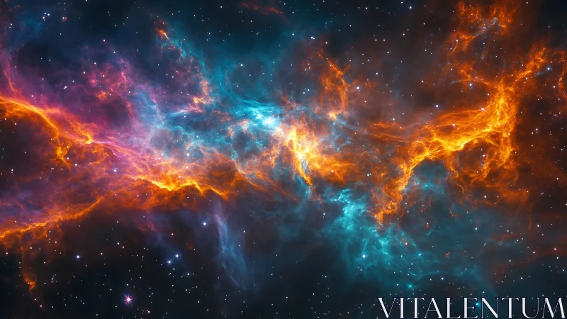 Vivid cosmic nebula with glowing orange and teal gas clouds.
