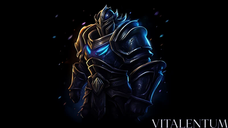 Armored figure stands in rim-lit profile against dark void