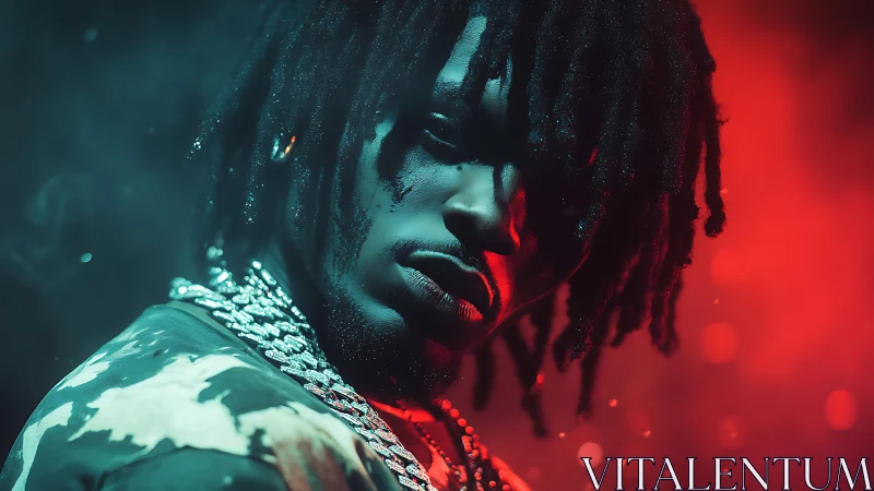 Portrait shows man in colored side lighting with chain jewelry