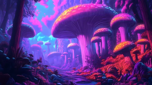 Neon bioluminescent mushroom forest with luminous river valley