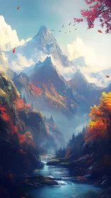 Vertical mountain valley landscape shows river and autumn foliage