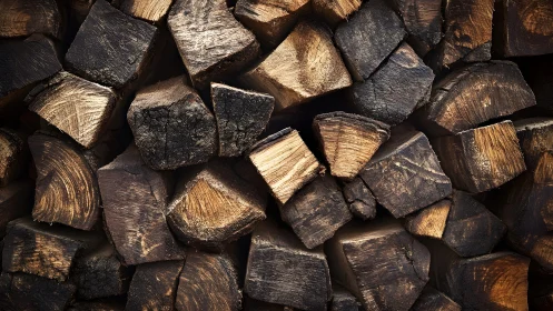 Stacked firewood close-up with rustic texture and warm lighting.