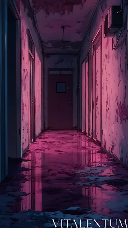 Nightlit flooded corridor in dystopian apartment block.