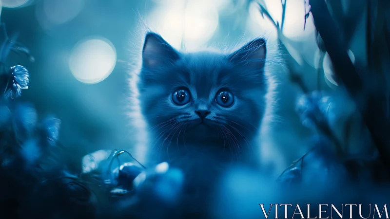 Blue Kitten Among Luminous Garden Flowers.