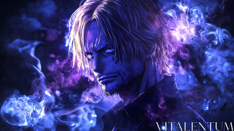 Moody anime rogue wrapped in swirling violet smoke.