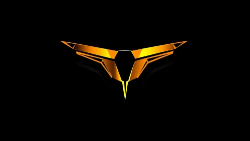 Golden angular winged emblem on black background.