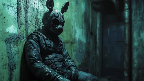 Cyberpunk rodent-mask sentinel in corroded urban corridor.