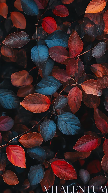 Crimson and teal foliage in dramatic low key lighting.