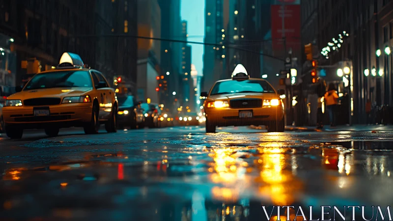 Yellow taxis glow against a rainy downtown city evening