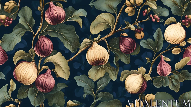 Vintage fig botanical pattern with dark foliage backdrop.