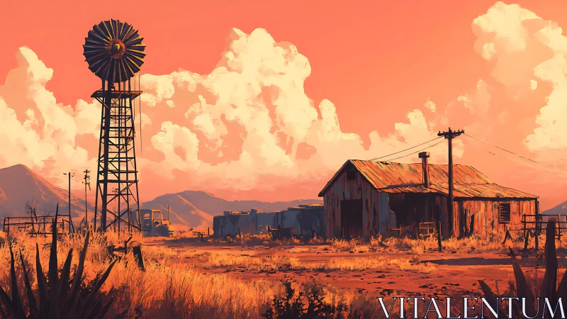 Sunlit desert homestead resting under glowing peach skies.
