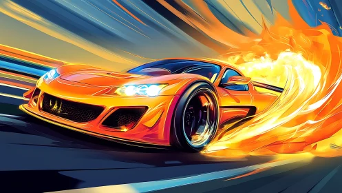 Flaming supercar surge through neon streaked night highway.